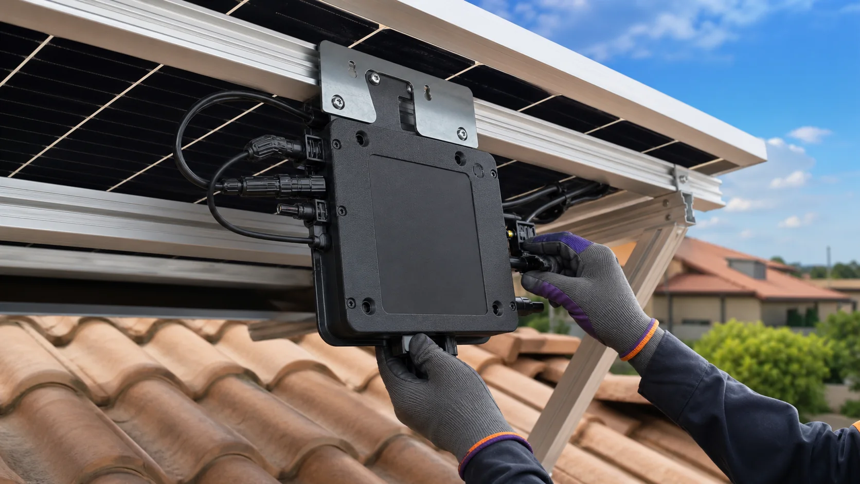 Detalhe técnico de módulos solares e microinversores em uma instalação residencial
