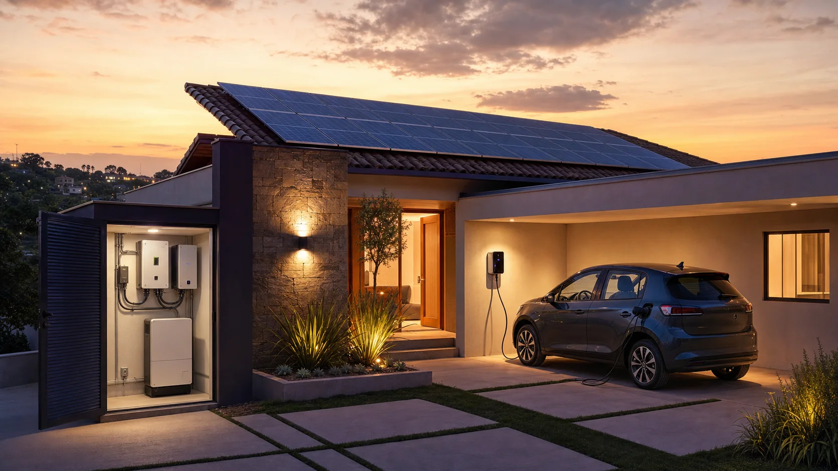 Residência com energia solar, armazenamento e recarga de veículo elétrico integrados