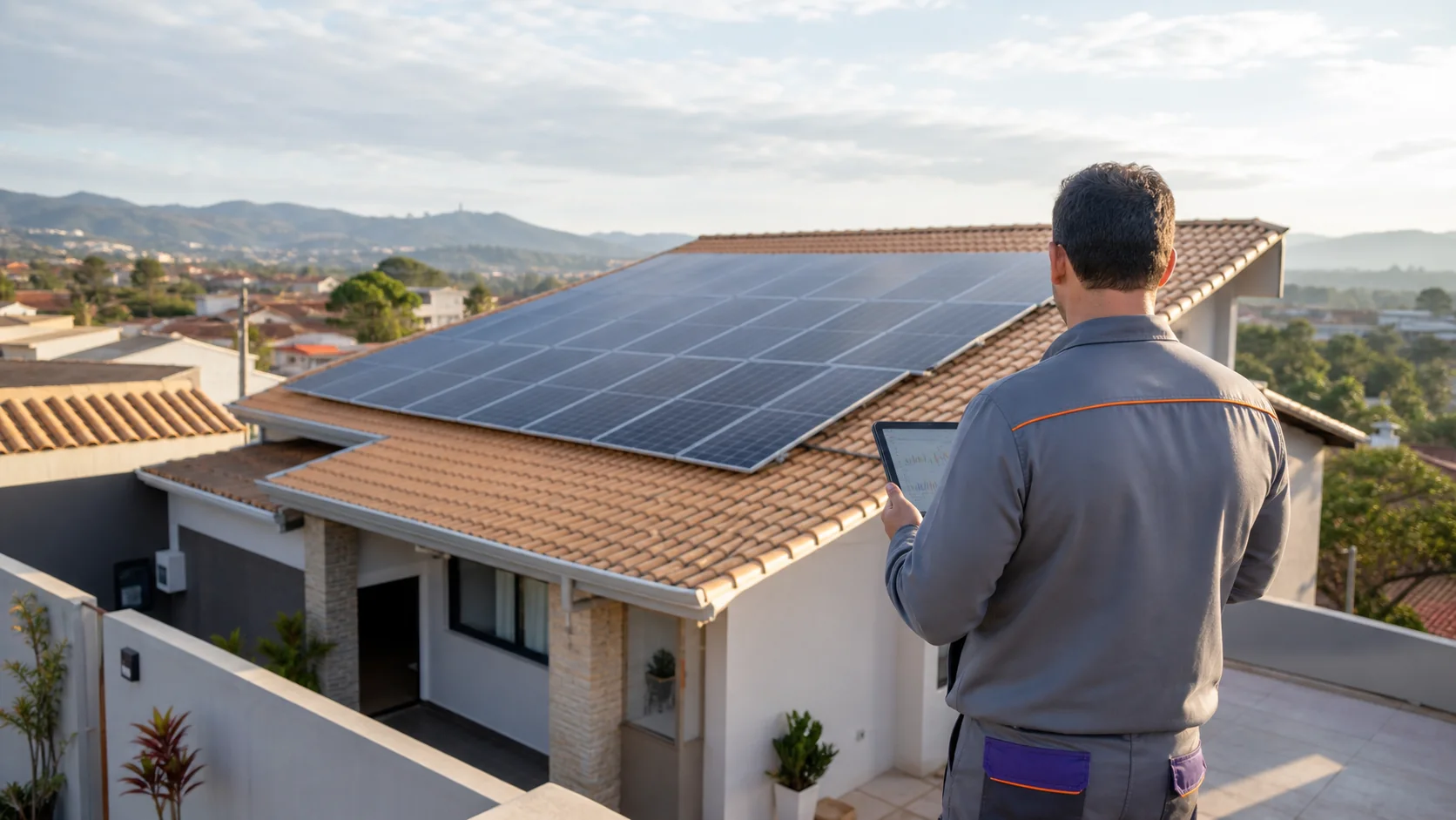 Especialista acompanhando um sistema fotovoltaico residencial em uma cidade do sul de Minas Gerais